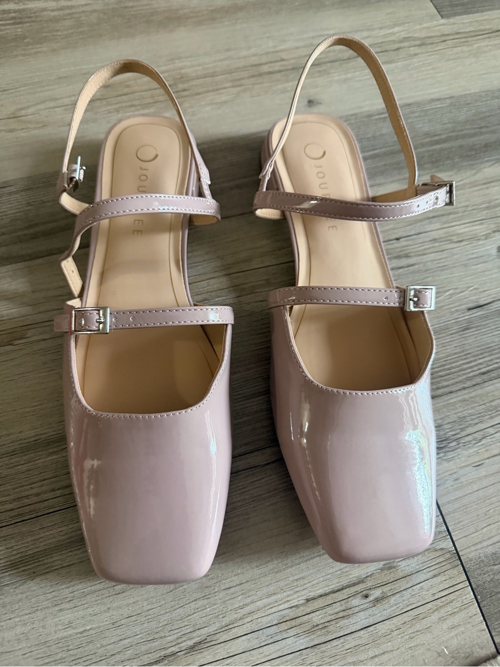 Journee Collection Patent Mary Jane Slingback Flats in Blush Pink